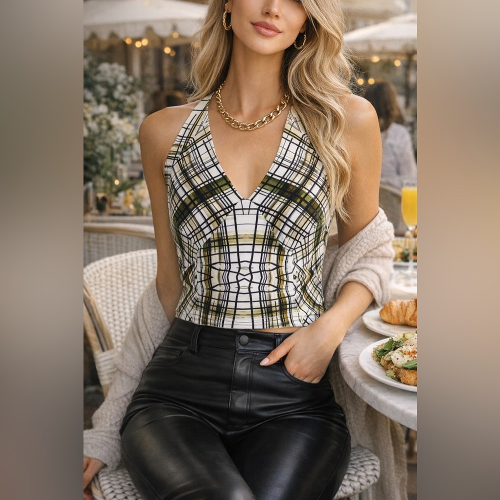 ATELIER NICOLE MILLER ACID PLAID 100% SILK FLUTTER BACK TANK